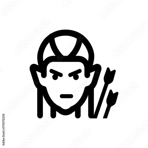 Illustration of an elf archer with arrows and distinctive headwear in a minimalist black and white style