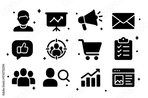 Marketing Icons Grid. Marketing Strategy. Solid icons set of Marketing Strategy: Persona, Analytics Graph, Campaign, Email, Social Media, Target Audience,
