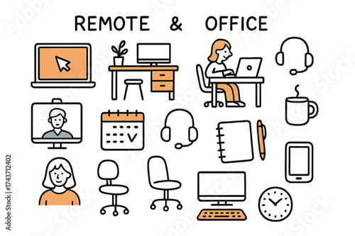 Remote Work Essentials. Remote & Office. Hand-drawn doodle illustration remote & office laptop (accented), office desk, home office (accented), video call,
