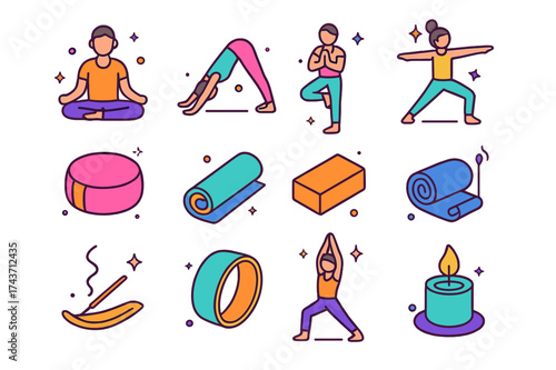 Colorful Yoga Icons. Yoga. Colorful isometric vector icons set of yoga: lotus pose, downward dog, tree pose, warrior pose, meditation cushion, yoga mat, yoga