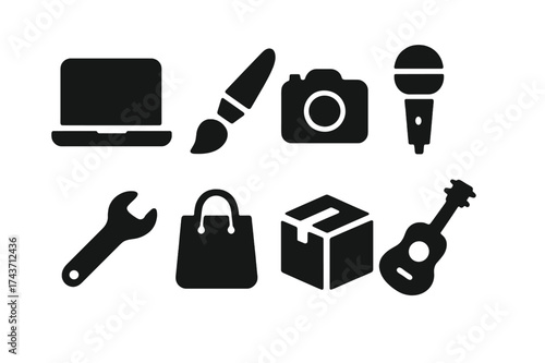 Gig Icons Set. Gig opportunities. Filled icon set of Gig opportunities: laptop, paintbrush, camera, microphone