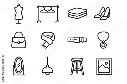 Fashion Icon Set. Fashion display. Line icon set of Fashion display: mannequin, clothing rack, folded clothes, shoes, handbags, scarf, belt, jewelry, mirror,