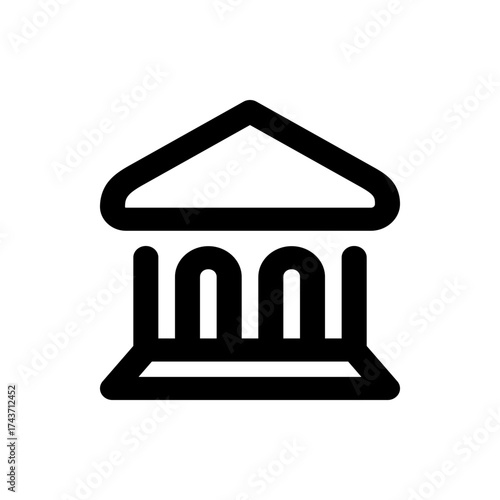 Illustration of a simple black and white bank or courthouse icon with roof and columns in outline style