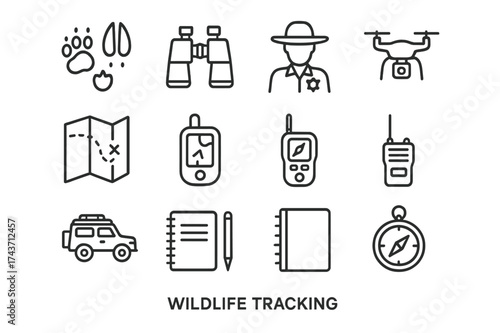 Wildlife Tracking Icons. Wildlife tracking. Line icon set of Wildlife tracking: footprints, binoculars, ranger, camera trap, map, GPS device, drone, vehicle,
