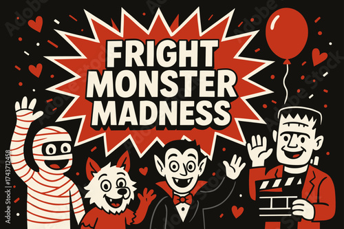 Monster Party Extravaganza. Fright Monster Madness banner, flat vector illustration, bold oversized text inside comic burst, cartoon characters standing and