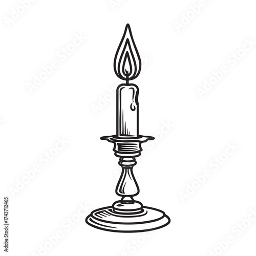 Black and white drawing of a lit candle in a decorative holder