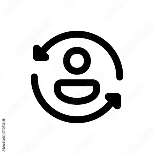 Person icon surrounded by circular arrows indicating rotation or synchronization in a simple black design