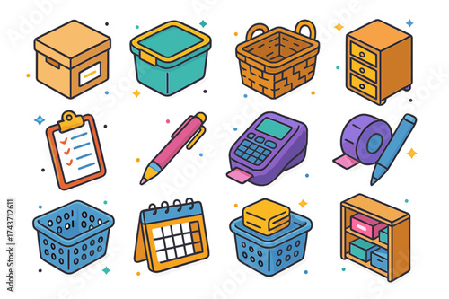 Colorful Home Organization Icons. Home Organization. Colorful isometric vector icons set of home organization: labeled box, plastic bin, wicker basket, drawer,