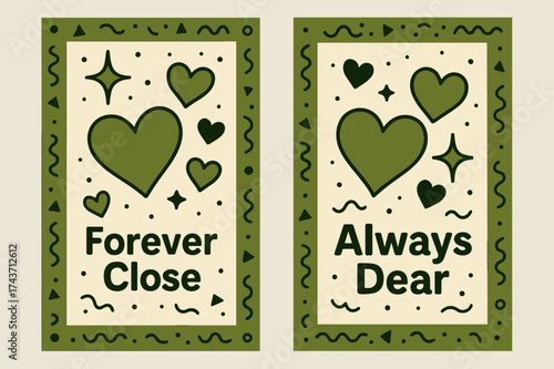 Playful Hearts Banners. Affection. Two vertical A6 banners with safe margins, centered composition, no elements touching edges, memphis style, olive green and