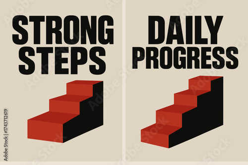 Brutalist Steps Banners. Resilience. Two vertical A6 banners with safe margins, centered composition, no elements touching edges, brutalist style, black and