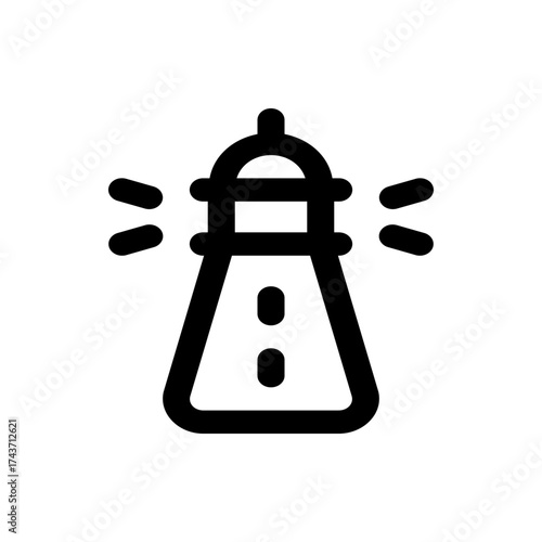Illustration of a black and white lighthouse with light beams emanating from it on both sides of the tower