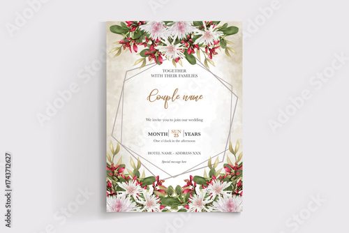 WEDDING INVITATION FRAME WITH FLOWER DECORATIONS AND FRESH LEAVES