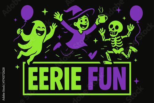 Eerie Fun Banner. Eerie Fun banner, flat vector illustration, bold oversized text inside rectangular frame, cartoon characters jumping and laughing, holding