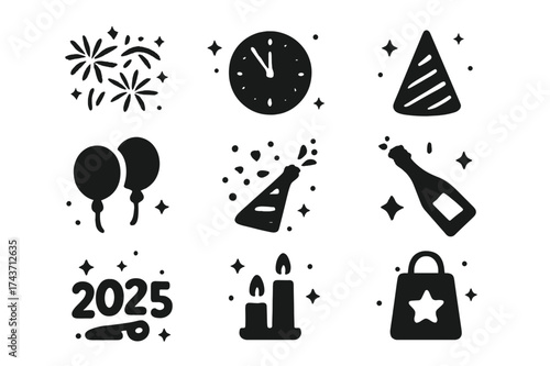 New Year's Icons. New Year Eve. Solid icons set of fireworks, clock at midnight, party hat, balloons, confetti, champagne bottle, star, party horn, number,