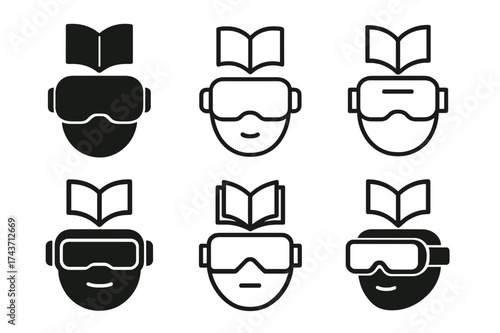 Innovative Tech Learning Logos. Learning new technologies. Set Logo of Learning new technologies: VR headset with learning icon. harmonious logo variations of