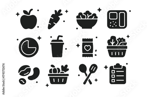 Healthy Eating Icons. Healthy eating support. Solid icons set of apple, carrot, salad bowl, meal prep container, portion control plate, smoothie, healthy