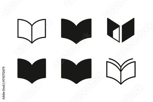 Creative Book Logo Variations. Literature and writing sections for creative minds. Set Logo of open book: stylized pages unfolding. harmonious logo variations