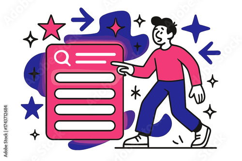 Illuminated Search Results. Search results. A glowing list of search items with abstract floating stars, arrows, and sparkles symbolizing knowledge and choice.