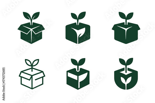 Eco-Friendly Logo Designs. Sustainable living and eco-friendly products. Set Logo of Sustainable living and eco-friendly products: Biodegradable packaging box.
