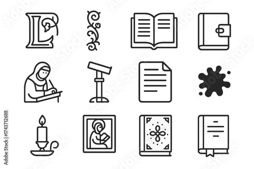 Medieval Manuscript Icons. Medieval manuscripts. Line icon set of Medieval manuscripts: illuminated letter, decorated border, codex, book clasp, scribe