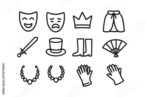 Theatrical Costume Icons. Theatrical costumes. Line icon set of theatrical costumes: comedy mask, tragedy mask, crown, cape, sword, hat, boots, fan, necklace,
