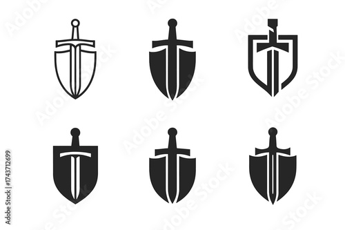 Antique Weapon Logos. Antique Weapons. Set Logo of Antique Weapons: medieval sword. harmonious logo variations of the same emblematic concept, each with