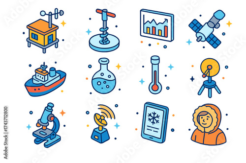 Polar Research Icons. Polar Research. Colorful isometric vector icons set of Polar Research: weather station, ice drill, climate data chart, research ship,