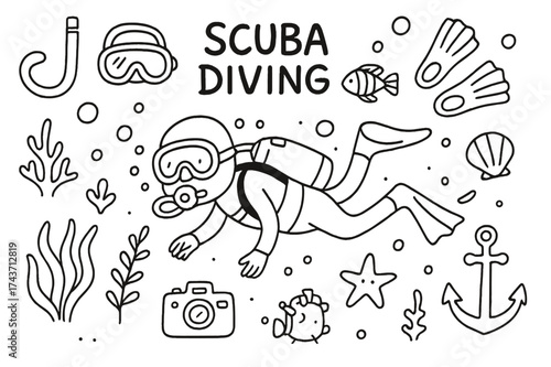 Scuba Diving Doodles. Scuba Diving. Hand-drawn doodle illustration scuba diving diver, mask, fins, snorkel, scuba tank, coral, fish, starfish, bubbles,