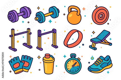 Colorful Workout Icons. Strength Workout. Colorful isometric vector icons set of strength workout: dumbbell, barbell, kettlebell, weight plate, squat rack,