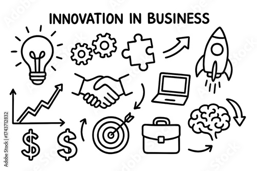 Business Innovation Icons. Innovation in business. Hand-drawn doodle illustration innovation in business light bulb, gears, puzzle piece, rocket, graph chart,