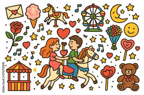 Romantic Carousel Ride. Romantic Ride. Colorful Hand-drawn doodle Children illustration Romantic Ride carousel horse, couple with heart, rose, love letter,
