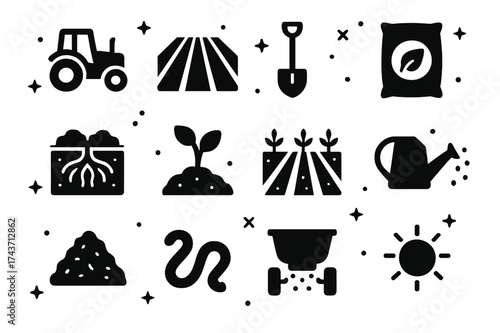 Farming Icons Set. Soil & Farming. Solid icons set of tractor, plowed field, shovel, soil bag, roots, plant sprout, crop rows, watering can, compost heap,