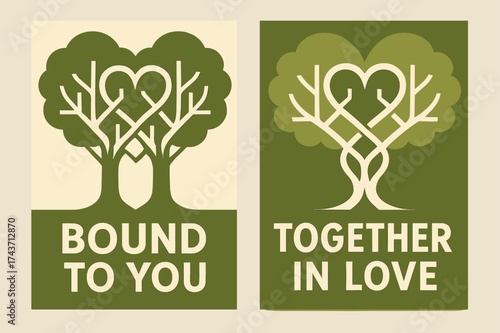 Heart Trees Banners. Bond. Two vertical A6 banners, geometric, olive green and cream backgrounds, two trees with intertwined branches forming a heart, first