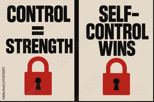 Control and Self-Control. Resilience. Two vertical A6 banners with safe margins, centered composition, no elements touching edges, brutalist style, black and