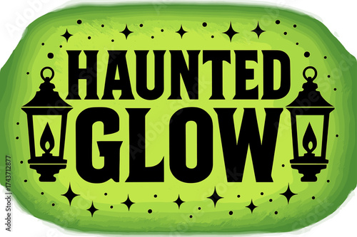 Haunted Glow Typography. Haunted Glow ? Bold Block Lettering, stacked uppercase with chunky geometric serifs, heavy outline and flat 3D shading, framed by