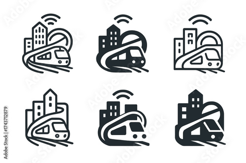Smart City Logos. Smart cities and future technology. Set Logo of Smart cities and future technology: Multimodal transit hub. harmonious logo variations of the