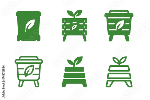 Eco Logo Variations. Sustainable living and eco-friendly products. Set Logo of Sustainable living and eco-friendly products: Compost bin. harmonious logo