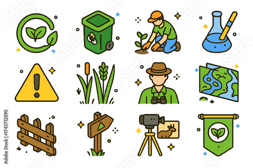 Environmental Icons Collection. Environmental protection. Colorful isometric vector icons set of environmental protection: eco sign, recycling bin, volunteer