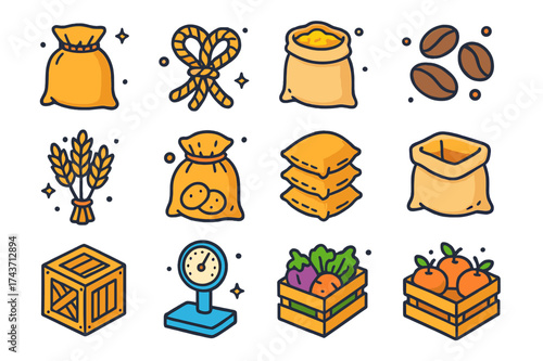 Colorful Packaging Icons. Packaging materials. Colorful isometric vector icons set of packaging materials: burlap sack, rope tie, grain bag, coffee beans,