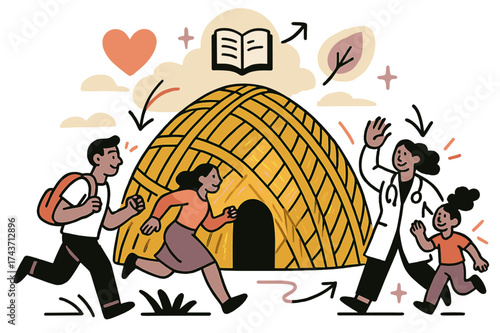 Biodegradable Community Hub. Biodegradable community hub. Dome-like glowing structure built from natural fibers serving as a school or clinic. Floating heart,