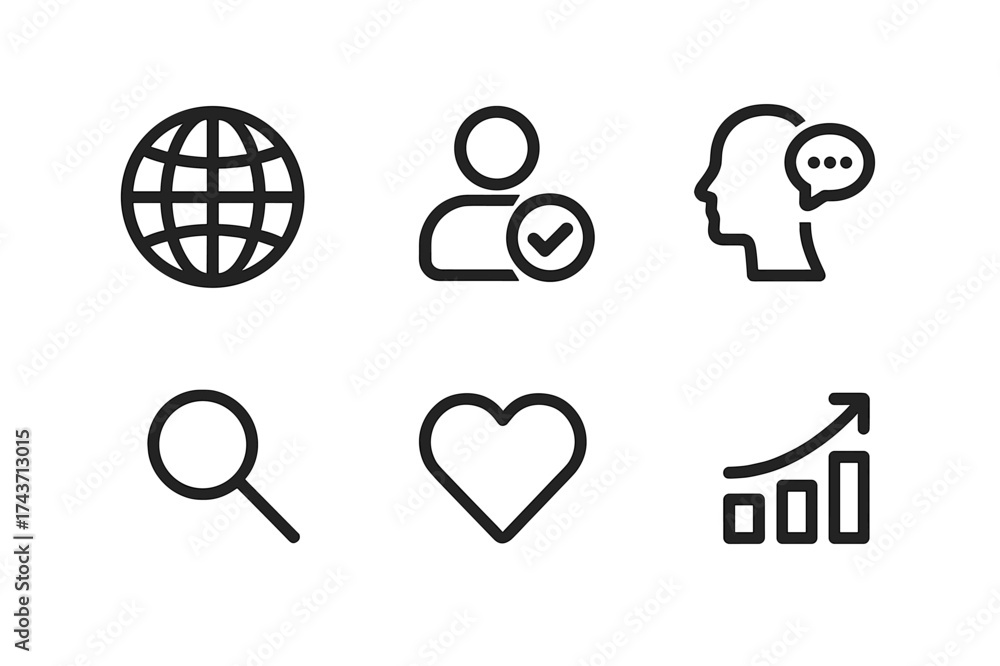Fototapeta premium Globe Logo Grid. Social media bio optimization tips. Set Logo of globe for reach: Negative space, Stylized detail, Flat solid, Minimal outline, Symmetrical