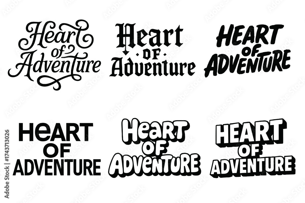 Obraz premium Lettering Variations Grid. Heart of adventure. Set lettering. harmonious lettering variations of the same emblematic concept, each with different artistic