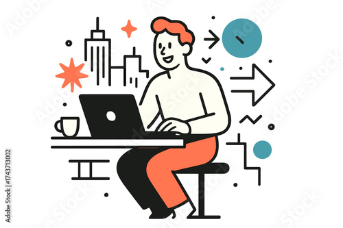 Digital Nomad Energy. Digital Nomad. A glowing person at a coffee shop counter with laptop and city skyline in background, abstract floating spark and arrow