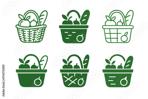 Picnic Basket Logos. A group of friends having a picnic in a park, enjoying nature and food. Set Logo of picnic basket: open basket with fruits and bread.