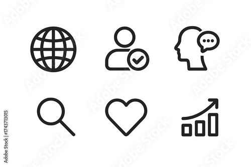 Globe Logo Grid. Social media bio optimization tips. Set Logo of globe for reach: Negative space, Stylized detail, Flat solid, Minimal outline, Symmetrical