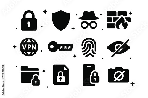 Online Privacy Icons. Online Privacy. Solid icons set of Online Privacy: padlock, shield, incognito mask, firewall, VPN globe, password key, fingerprint, eye