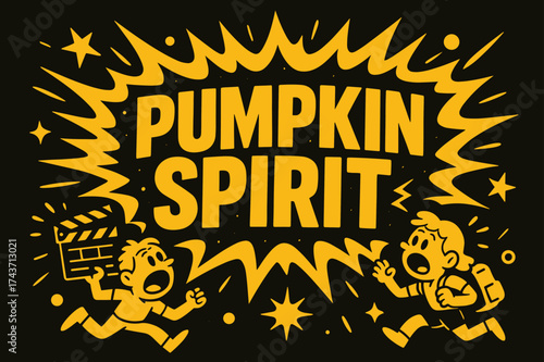 Pumpkin Spirit Explosion. Pumpkin Spirit banner, flat vector illustration, bold oversized text inside splash explosion, cartoon characters running