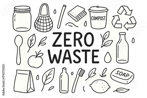 Zero Waste Doodles. Zero Waste. Hand-drawn doodle illustration of Zero Waste. Mason jar, reusable bag, bamboo