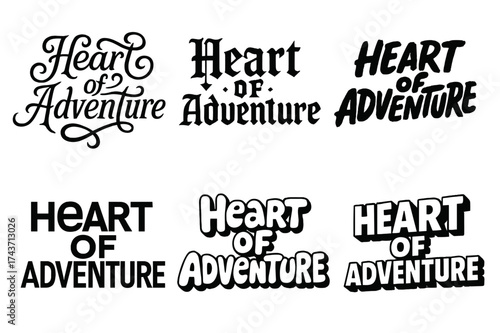 Lettering Variations Grid. Heart of adventure. Set lettering. harmonious lettering variations of the same emblematic concept, each with different artistic