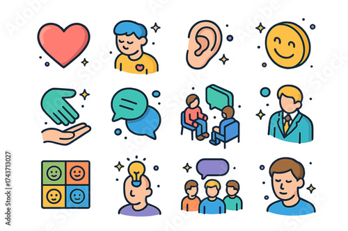 Emotional Intelligence Icons. Emotional intelligence. Colorful isometric vector icons set of emotional intelligence: heart, empathetic person, listening ear,